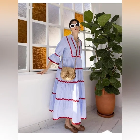 utcoco Summer Beach Boho Striped Flutter 3/4 Sleeve A Line Flowy Long Dress. - Picture 4 of 15